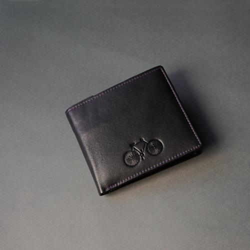 Black Leather Bicycle Wallet with subtle Purple Stitch (I)