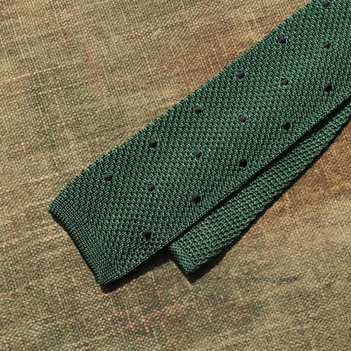 A Mid Olive Green and Navy Polkadot Silk Tie